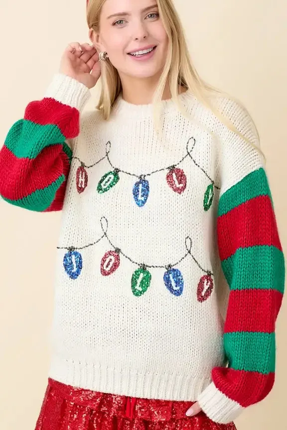 SEQUINED EMBROIDERED HOLLY JOLLY SWEATER