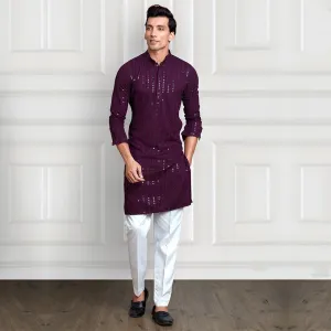 Sequined Threadwork Purple Kurta with Sleek Pants