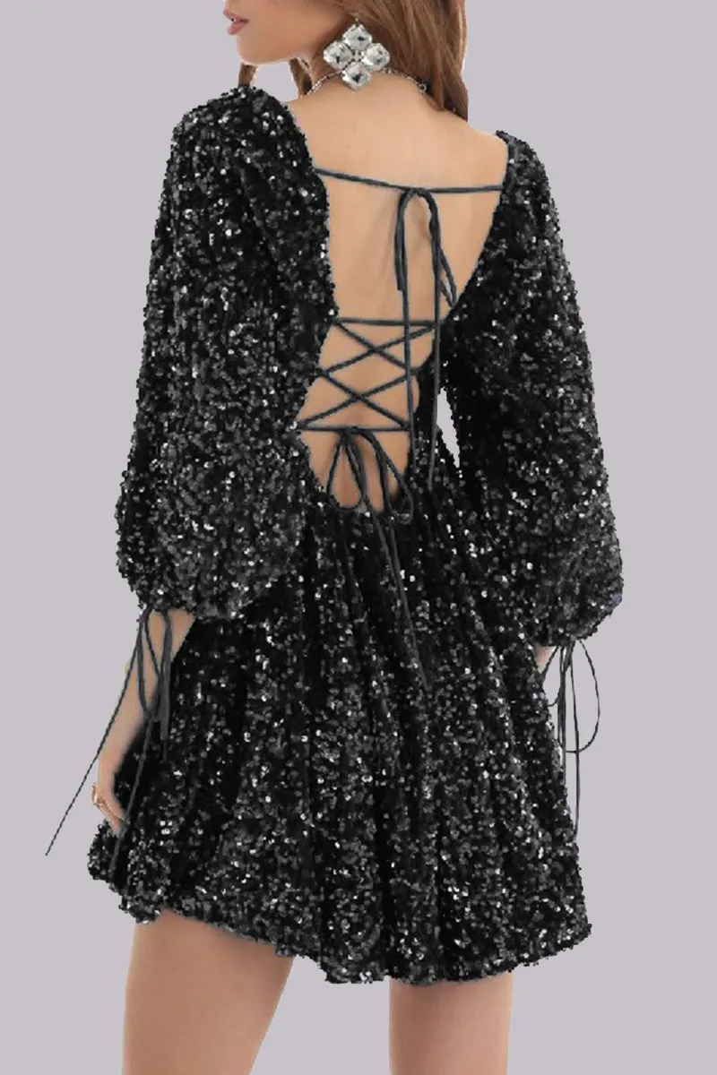 Sexy Solid Sequins Sequined Square Collar Princess Dresses