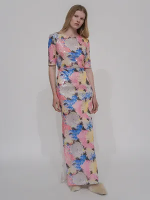 SHORT SLEEVE T-SHIRT GOWN - PAINTED FLORAL SEQUIN