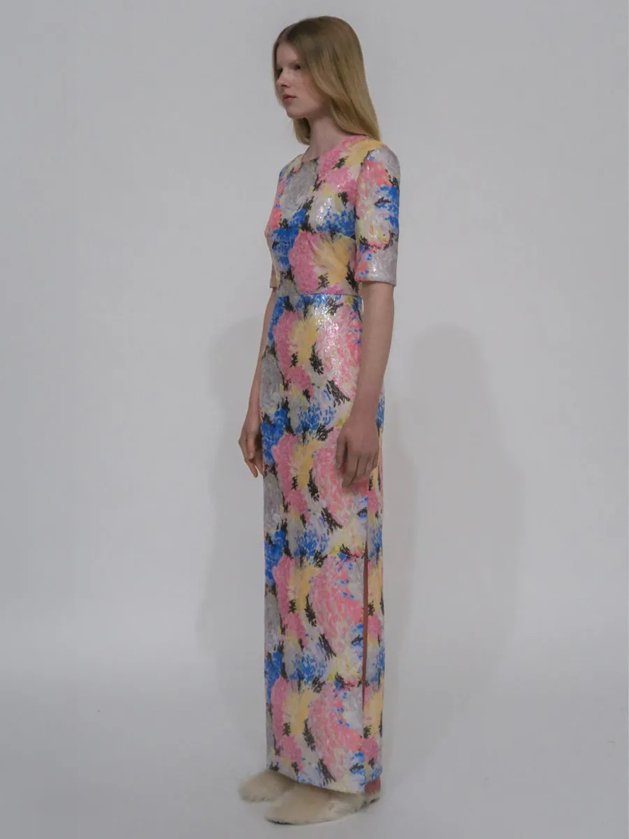 SHORT SLEEVE T-SHIRT GOWN - PAINTED FLORAL SEQUIN