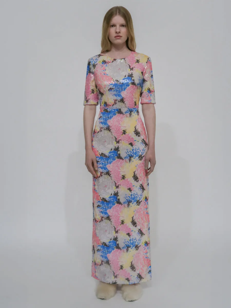 SHORT SLEEVE T-SHIRT GOWN - PAINTED FLORAL SEQUIN