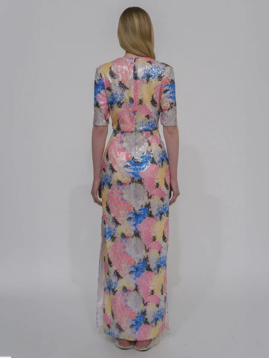 SHORT SLEEVE T-SHIRT GOWN - PAINTED FLORAL SEQUIN