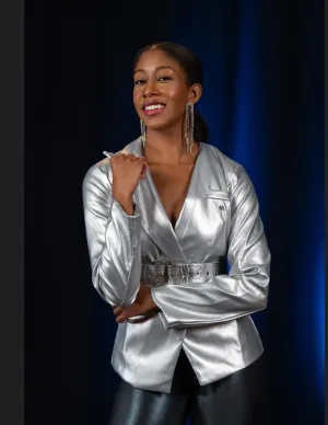 Silver Faux Leather Jacket with Rhinestone Buckle Belt