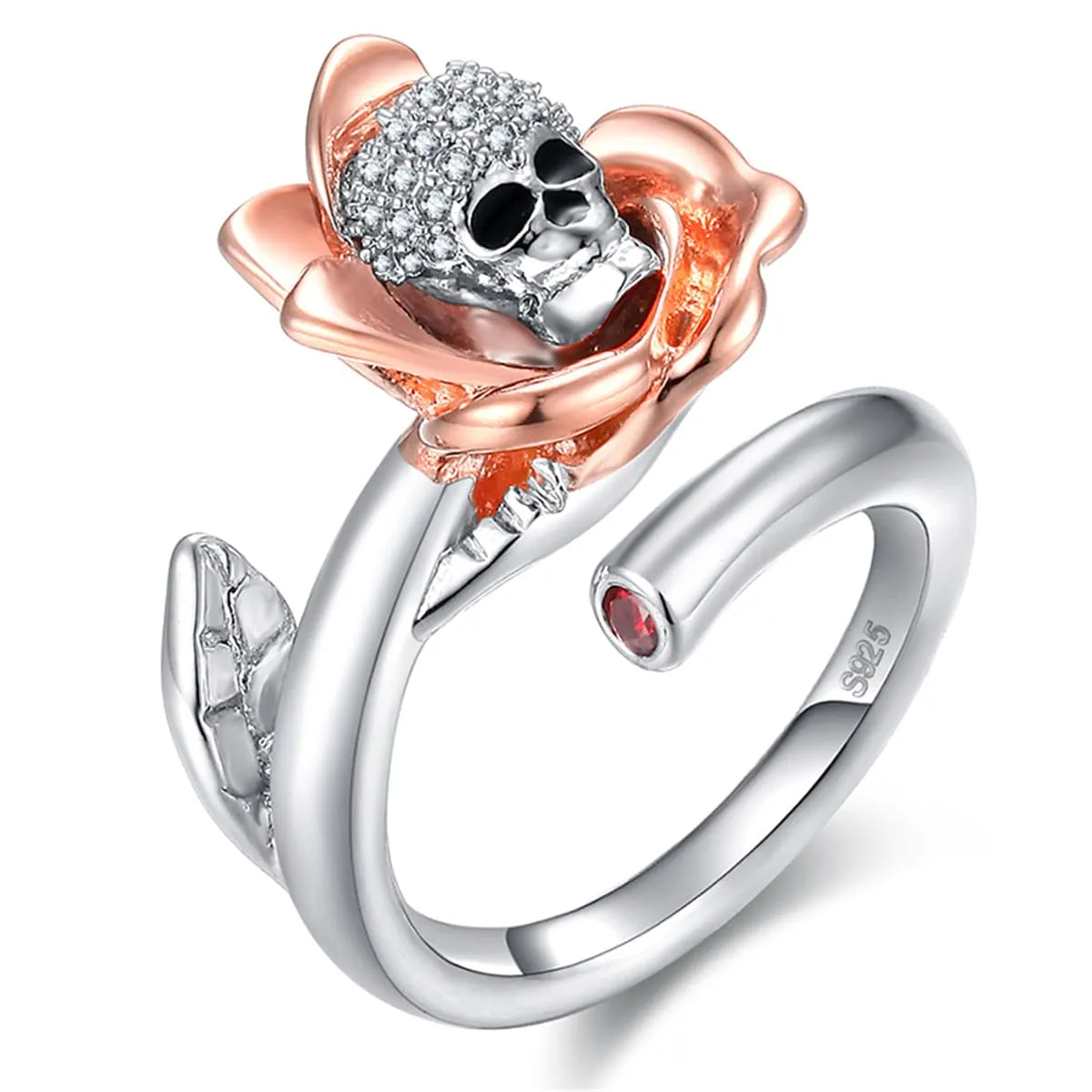 Silver-Plated & 18K Rose Gold-Plated Skull Rose Adjustable Ring