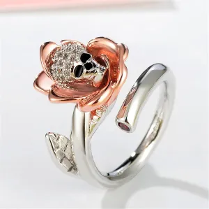 Silver-Plated & 18K Rose Gold-Plated Skull Rose Adjustable Ring