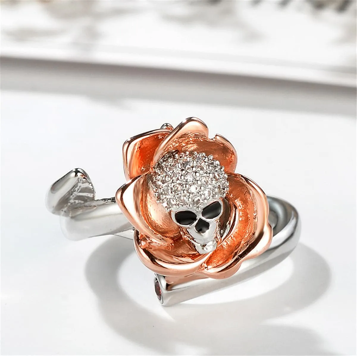 Silver-Plated & 18K Rose Gold-Plated Skull Rose Adjustable Ring