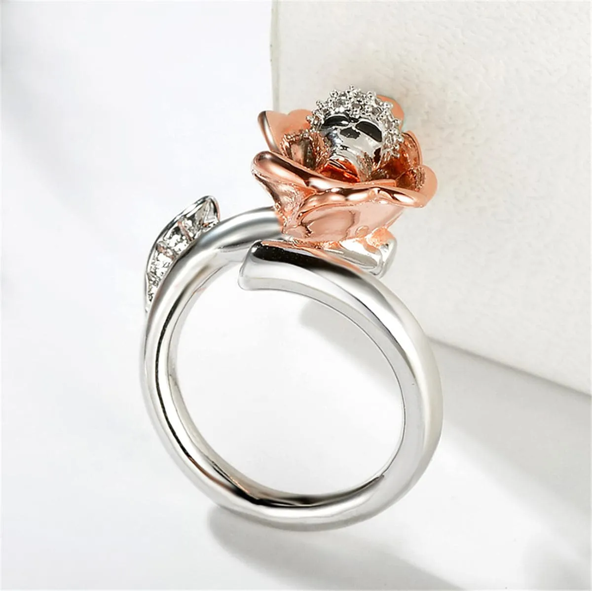 Silver-Plated & 18K Rose Gold-Plated Skull Rose Adjustable Ring