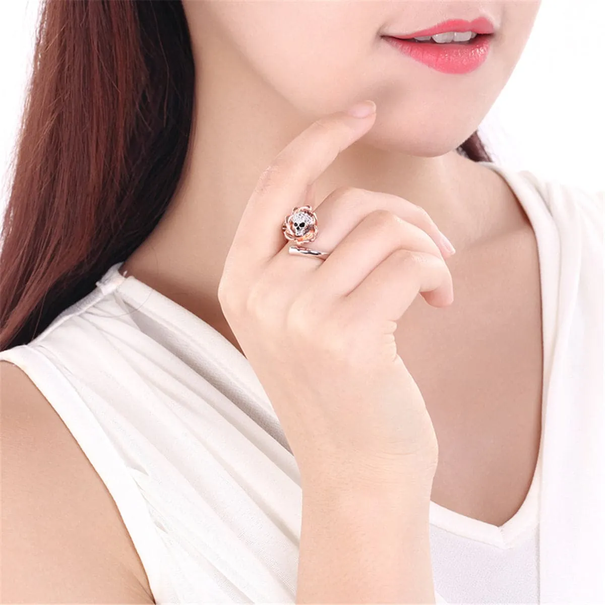 Silver-Plated & 18K Rose Gold-Plated Skull Rose Adjustable Ring