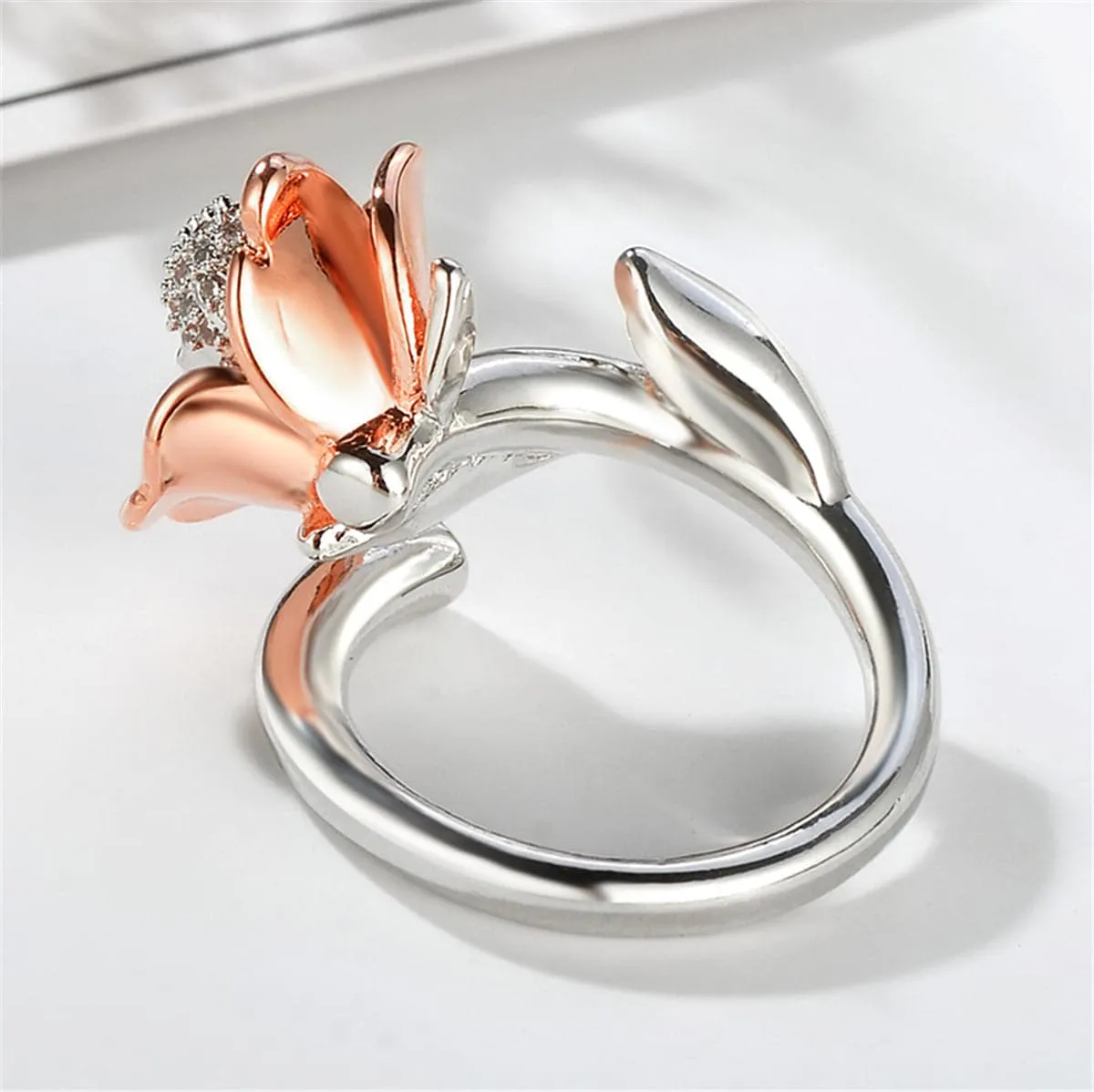 Silver-Plated & 18K Rose Gold-Plated Skull Rose Adjustable Ring