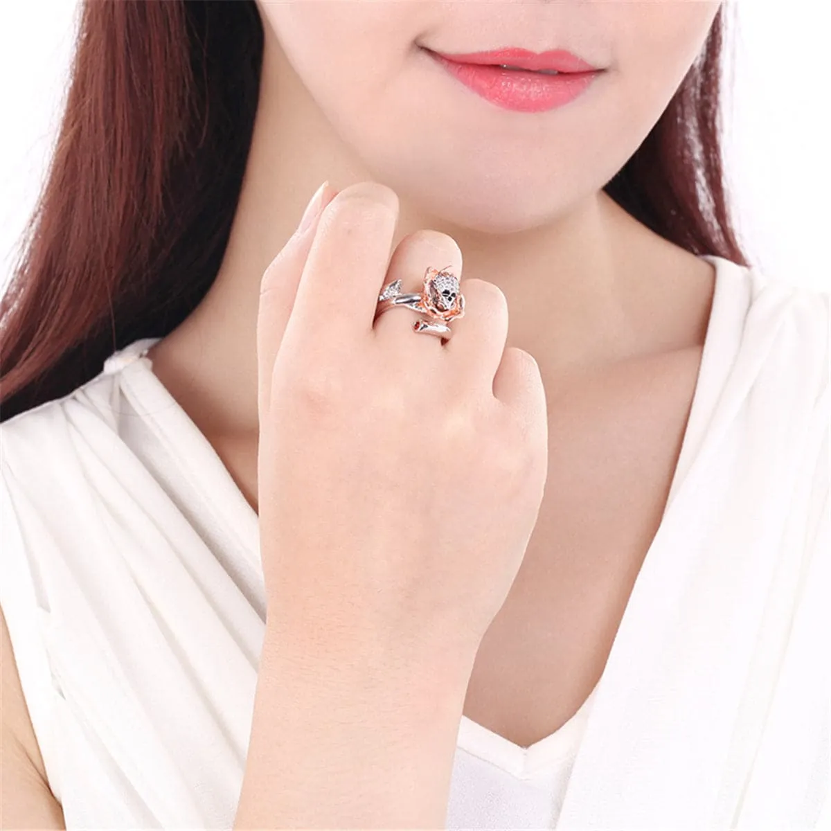 Silver-Plated & 18K Rose Gold-Plated Skull Rose Adjustable Ring
