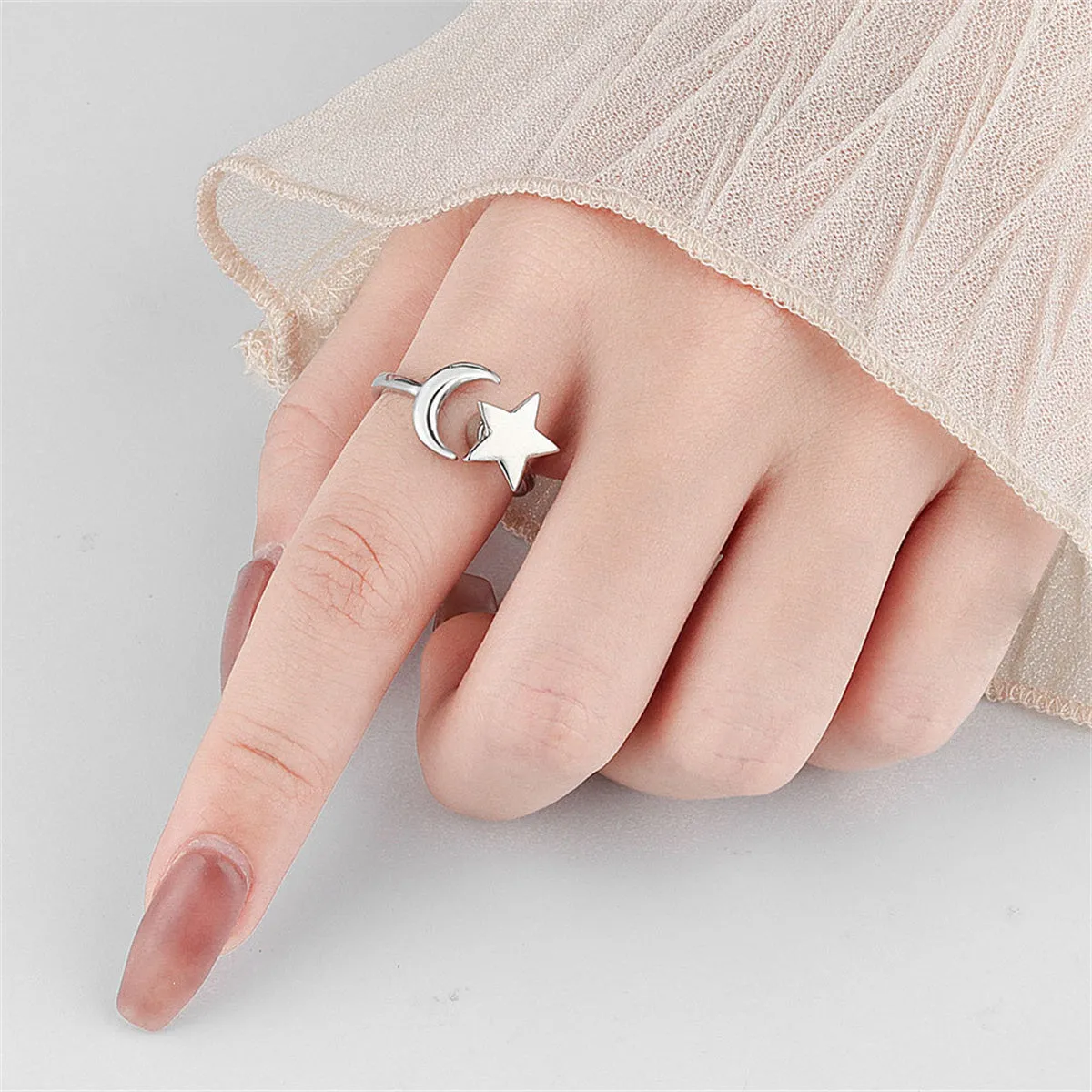 Silver-Plated Rotatable Star & Moon Open Ring