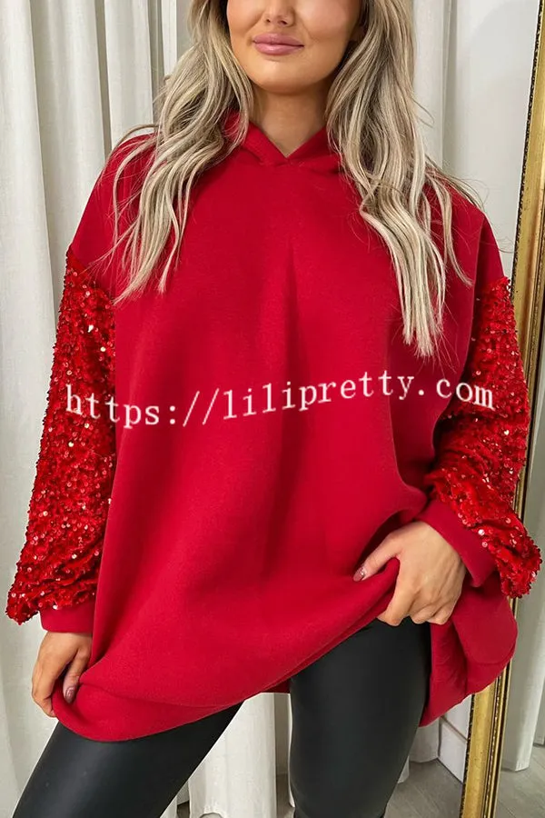 Solid Color Sequined Long Sleeve Loose Hooded Sweatshirt