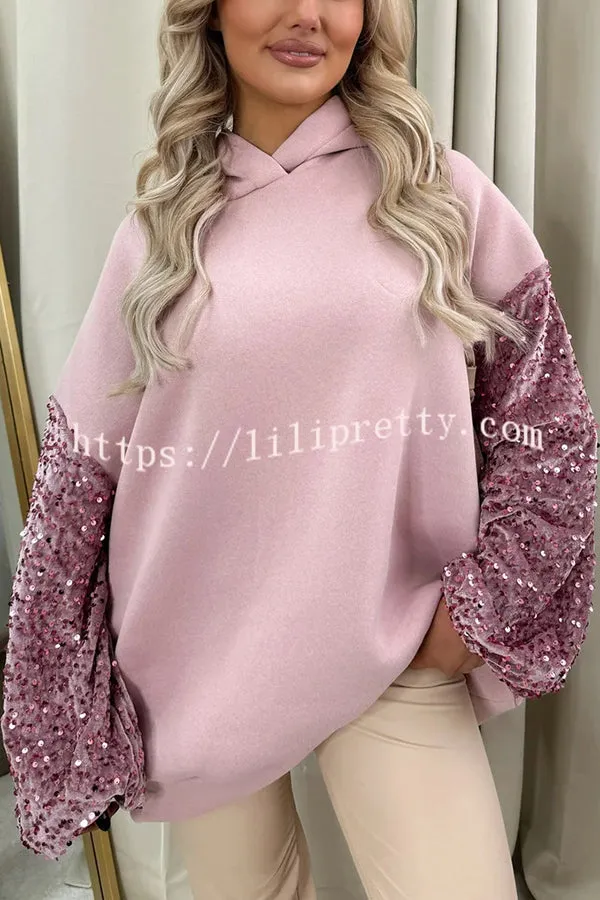 Solid Color Sequined Long Sleeve Loose Hooded Sweatshirt