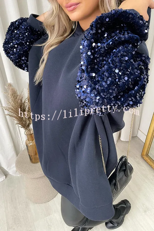 Solid Color Sequined Long Sleeve Loose Hooded Sweatshirt
