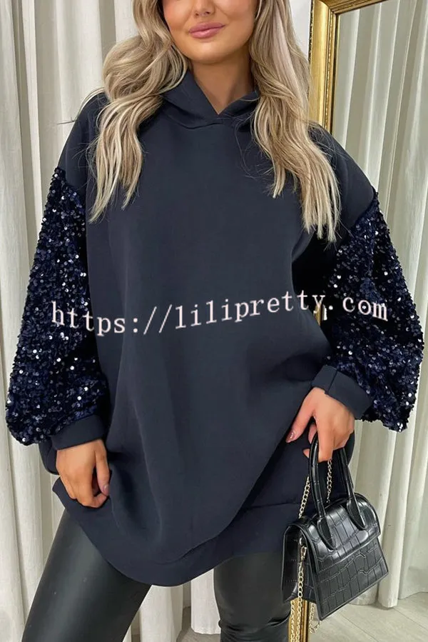 Solid Color Sequined Long Sleeve Loose Hooded Sweatshirt