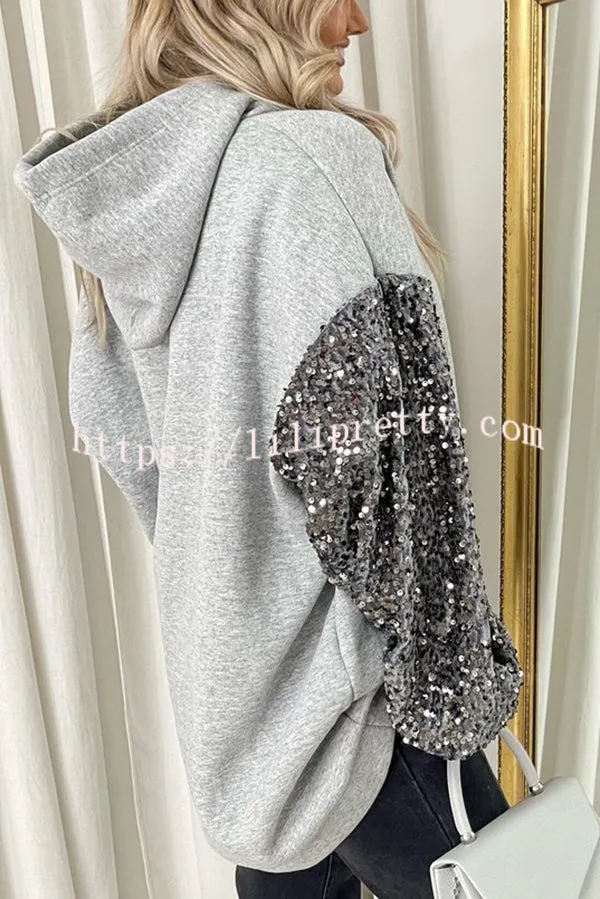 Solid Color Sequined Long Sleeve Loose Hooded Sweatshirt