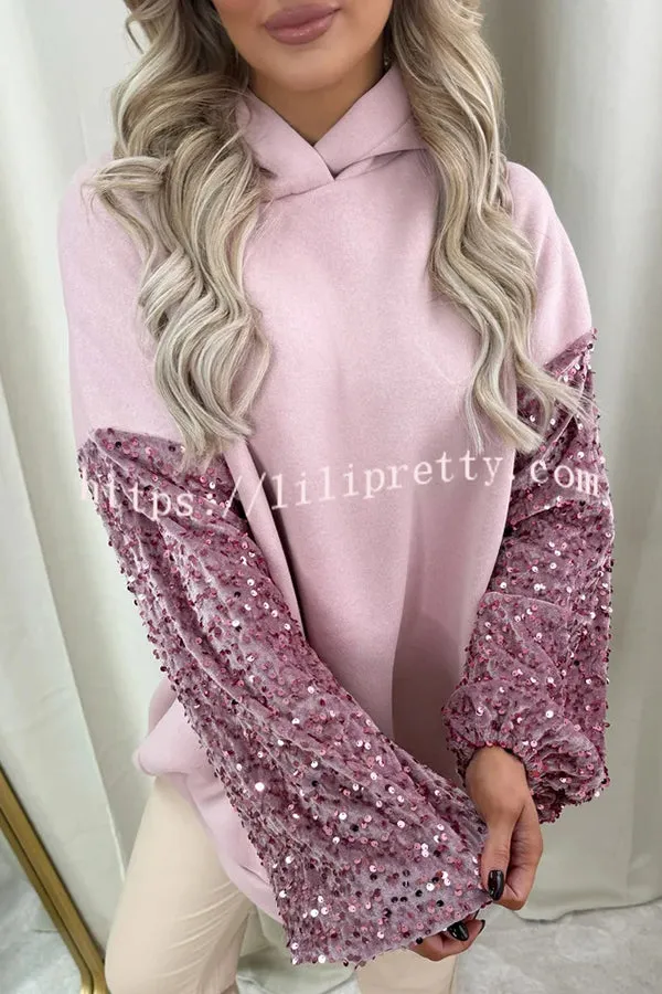 Solid Color Sequined Long Sleeve Loose Hooded Sweatshirt