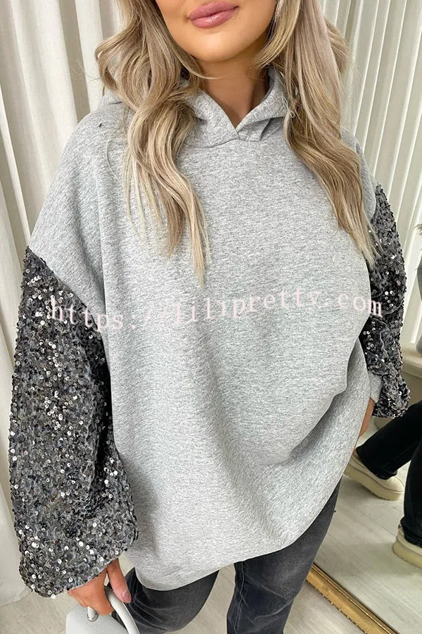 Solid Color Sequined Long Sleeve Loose Hooded Sweatshirt