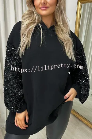 Solid Color Sequined Long Sleeve Loose Hooded Sweatshirt