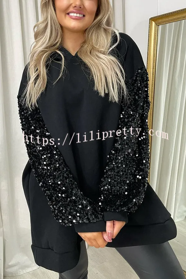Solid Color Sequined Long Sleeve Loose Hooded Sweatshirt