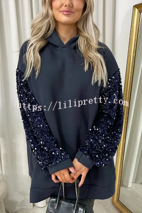 Solid Color Sequined Long Sleeve Loose Hooded Sweatshirt