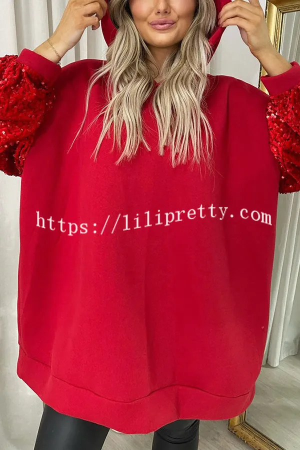 Solid Color Sequined Long Sleeve Loose Hooded Sweatshirt