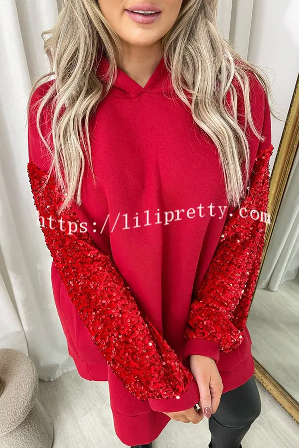 Solid Color Sequined Long Sleeve Loose Hooded Sweatshirt
