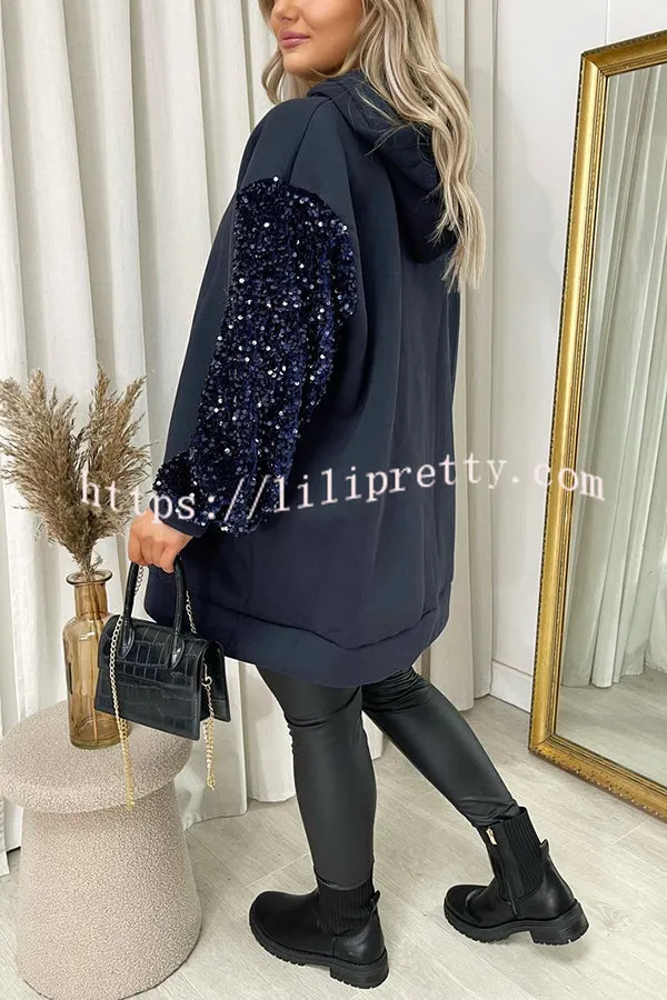 Solid Color Sequined Long Sleeve Loose Hooded Sweatshirt