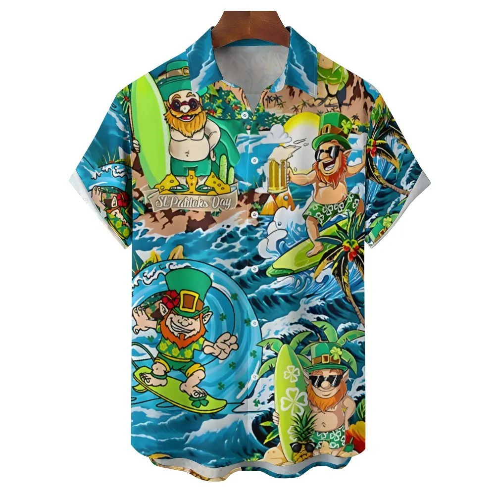 St. Patrick's Day Surf Vacation Print Breast Pocket Short Sleeve Shirt