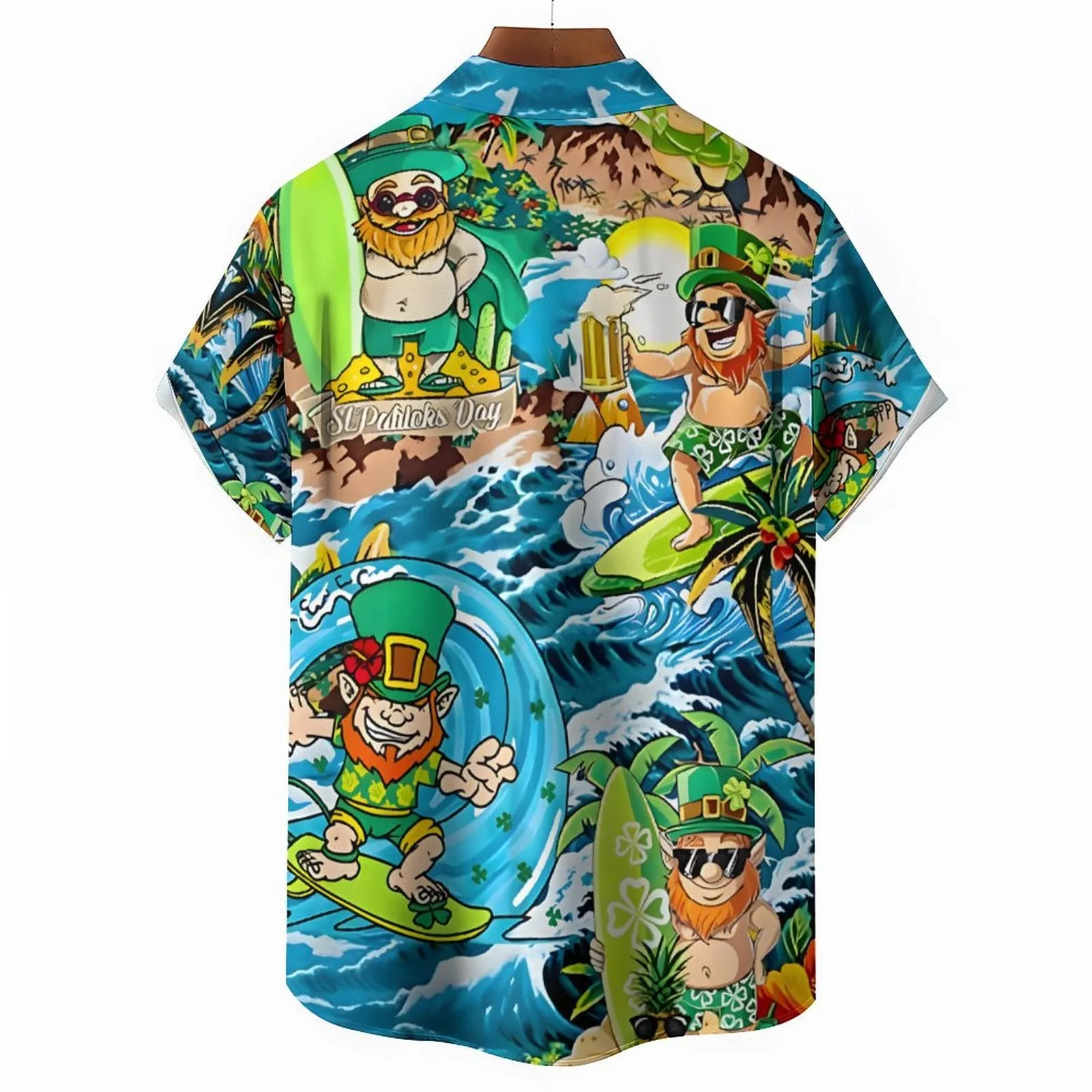 St. Patrick's Day Surf Vacation Print Breast Pocket Short Sleeve Shirt