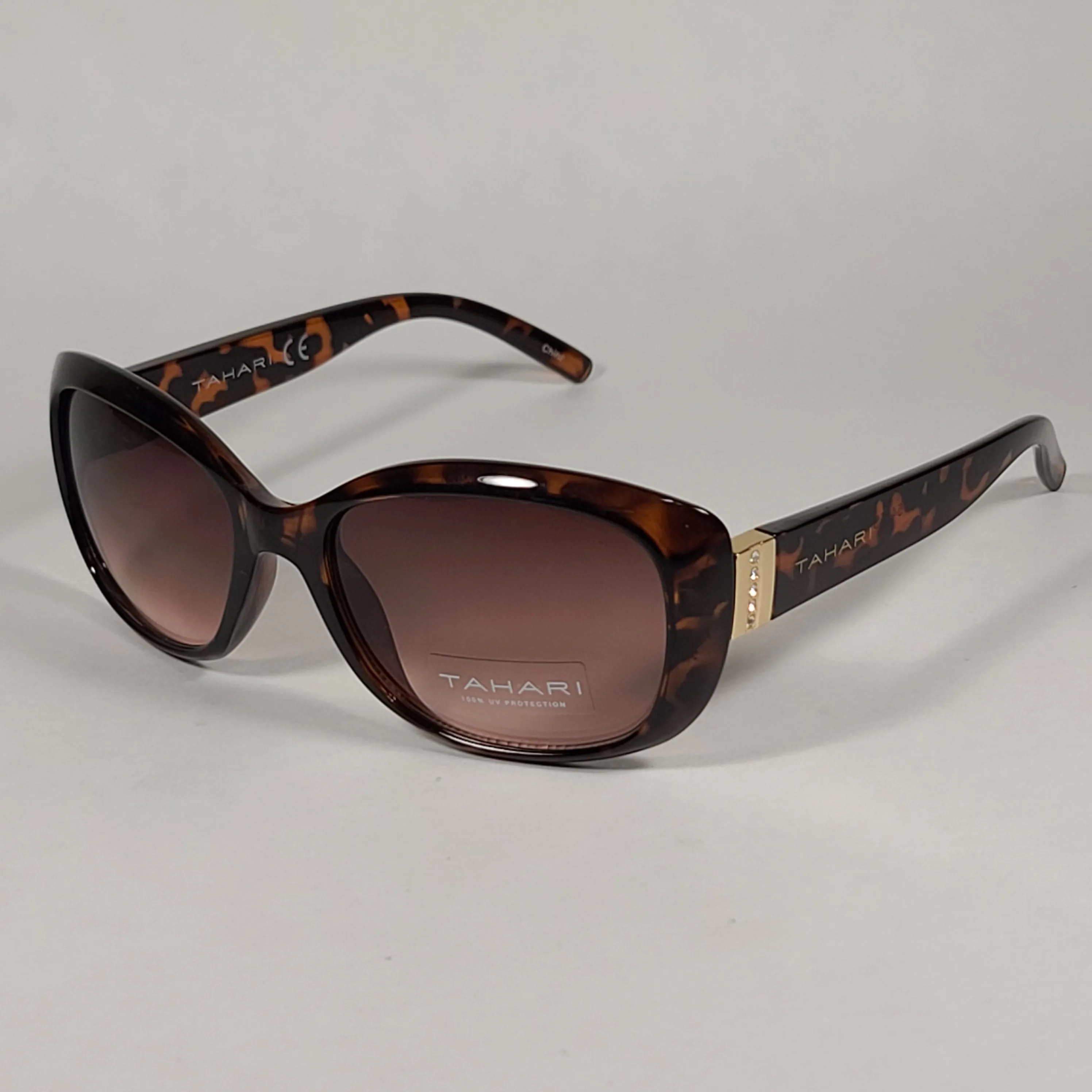 Tahari Oval Sunglasses Brown Tortoise Plastic Frame Rhinestone Temples Brown Lens TH754 TS