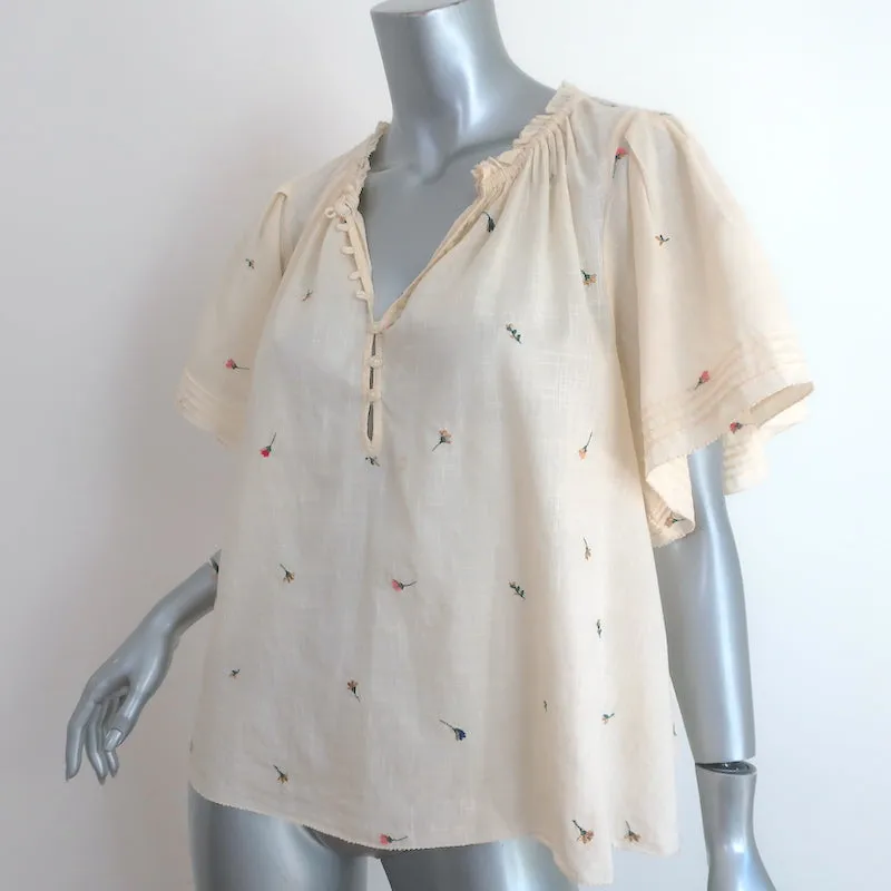 THE GREAT Floral-Embroidered Top Ecru Cotton Size 2 Short Sleeve Blouse