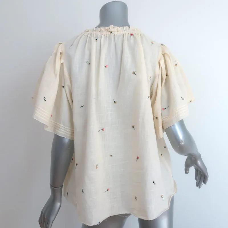 THE GREAT Floral-Embroidered Top Ecru Cotton Size 2 Short Sleeve Blouse