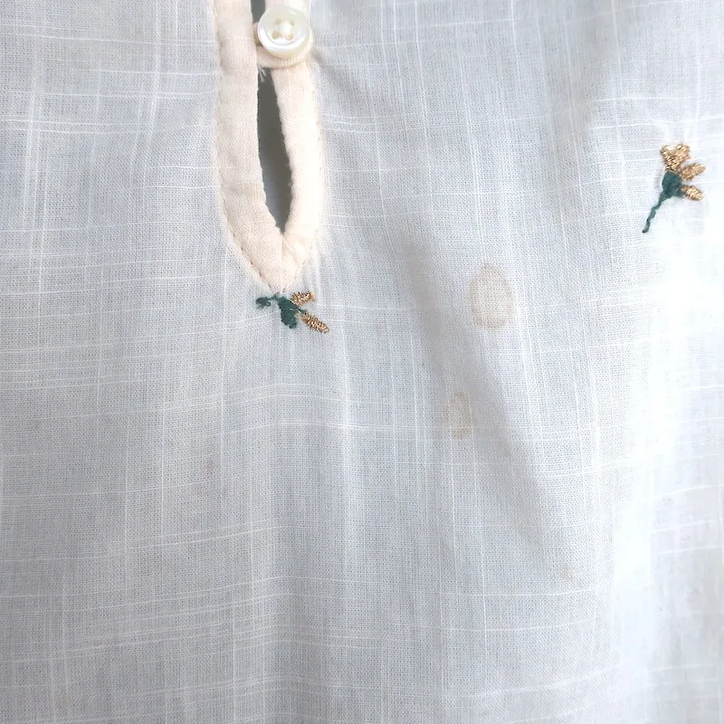 THE GREAT Floral-Embroidered Top Ecru Cotton Size 2 Short Sleeve Blouse