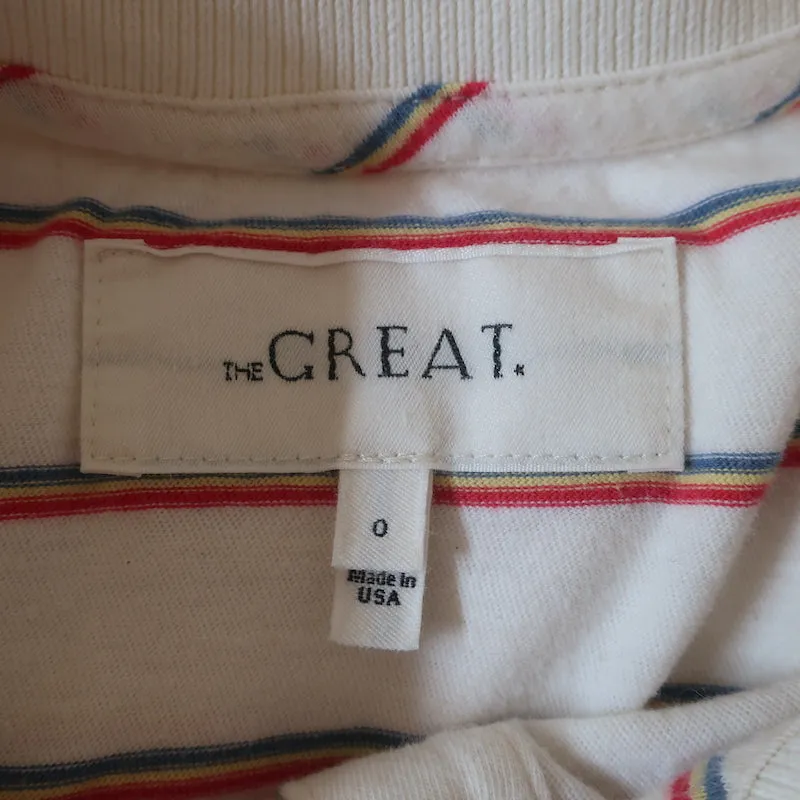 THE GREAT Oversize Polo Shirt Rainbow-Striped Cotton Size 0 Short Sleeve Top