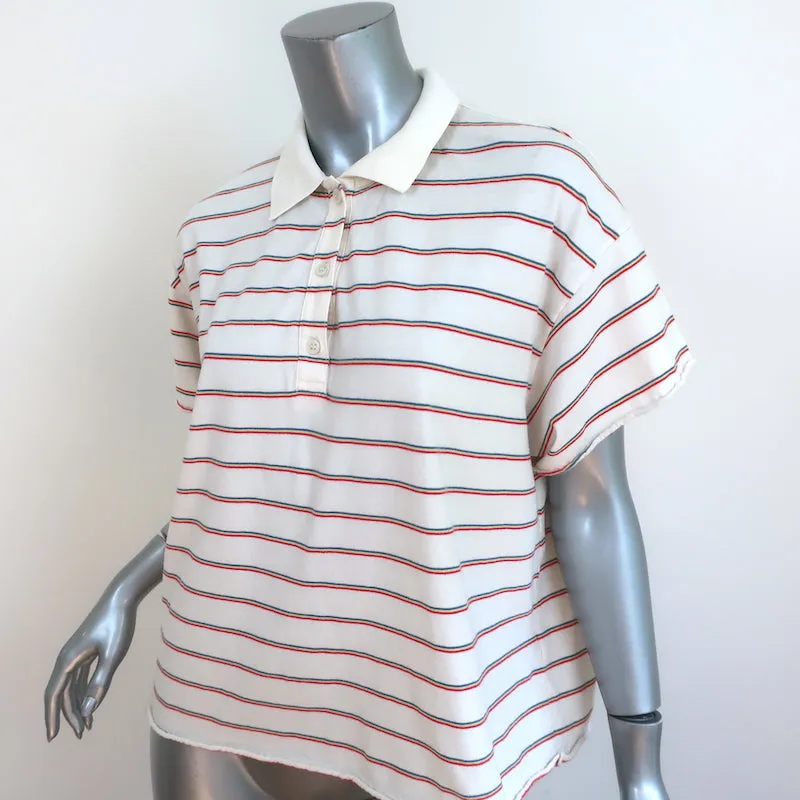 THE GREAT Oversize Polo Shirt Rainbow-Striped Cotton Size 0 Short Sleeve Top