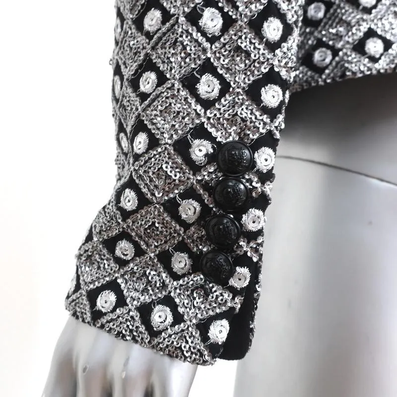 The Kooples Sequined Blazer Silver/Black Size Medium One-Button Jacket