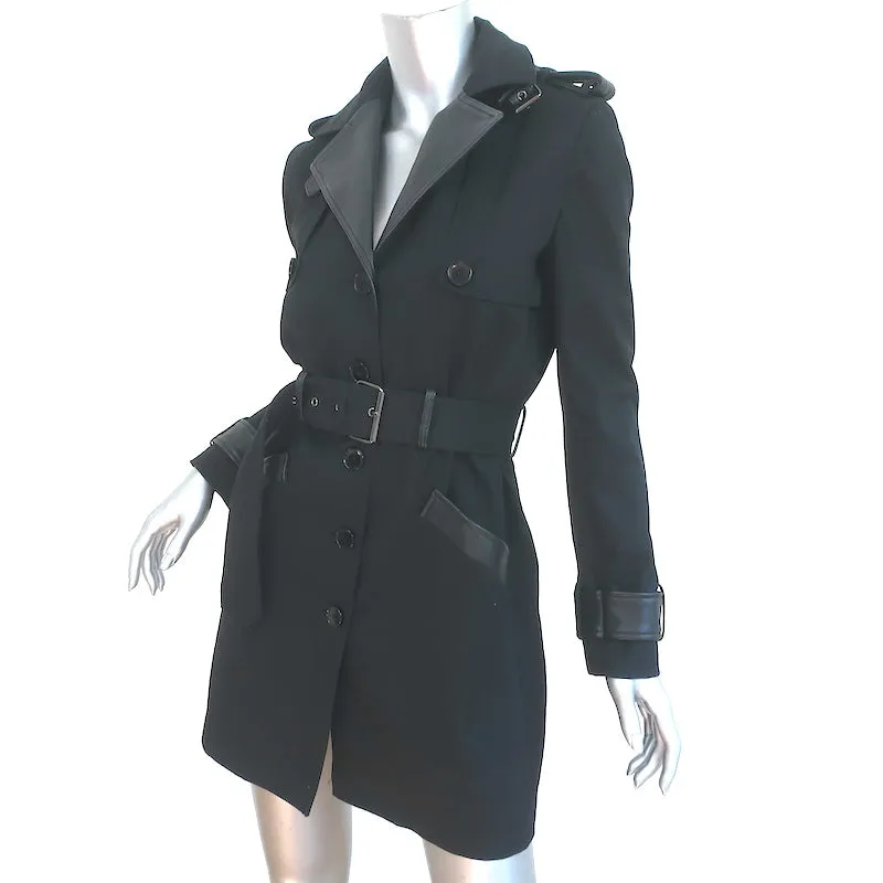 The Kooples Trench Coat Black Leather-Trim Cotton Size 36 Belted Jacket