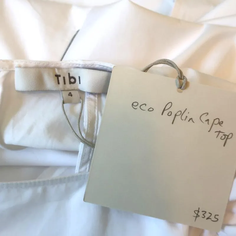 Tibi Cape Sleeve Top White Cotton Poplin Size 4 Crewneck Blouse NEW