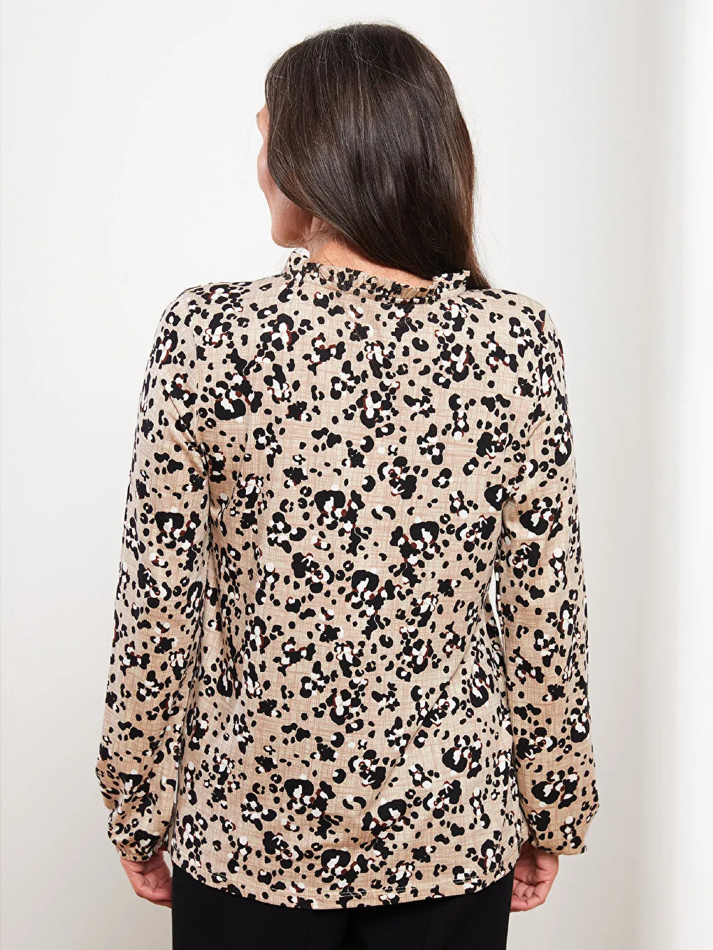 Tie Collar Patterned Long Sleeve Women's T-Shirt
