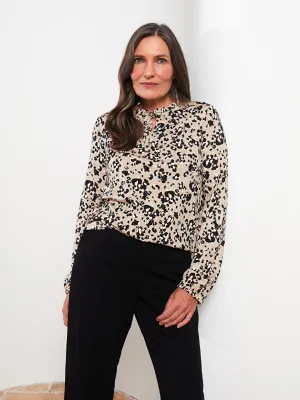 Tie Collar Patterned Long Sleeve Women's T-Shirt
