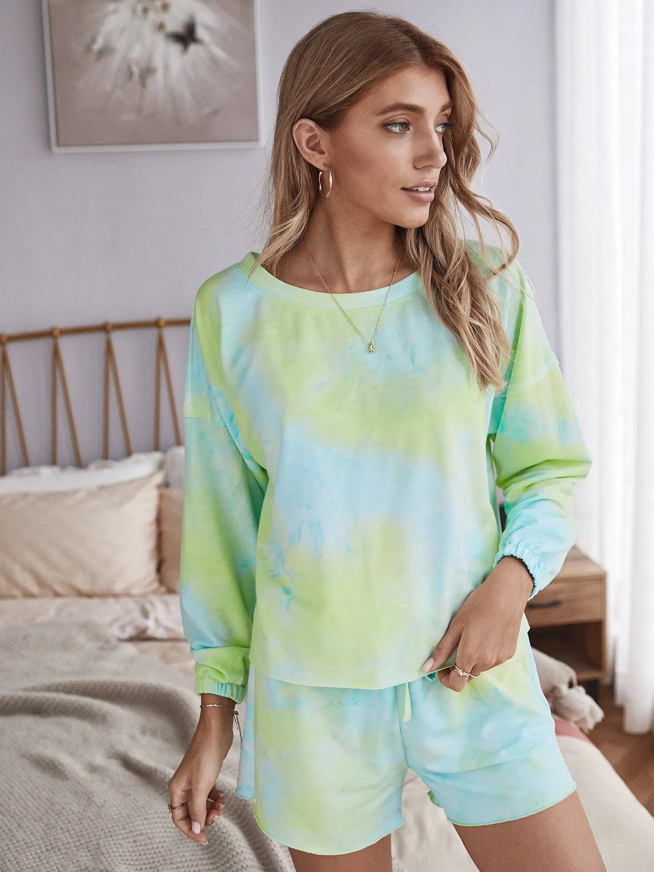Tie Dye Loungewear Lace-up Casual Two-piece Set