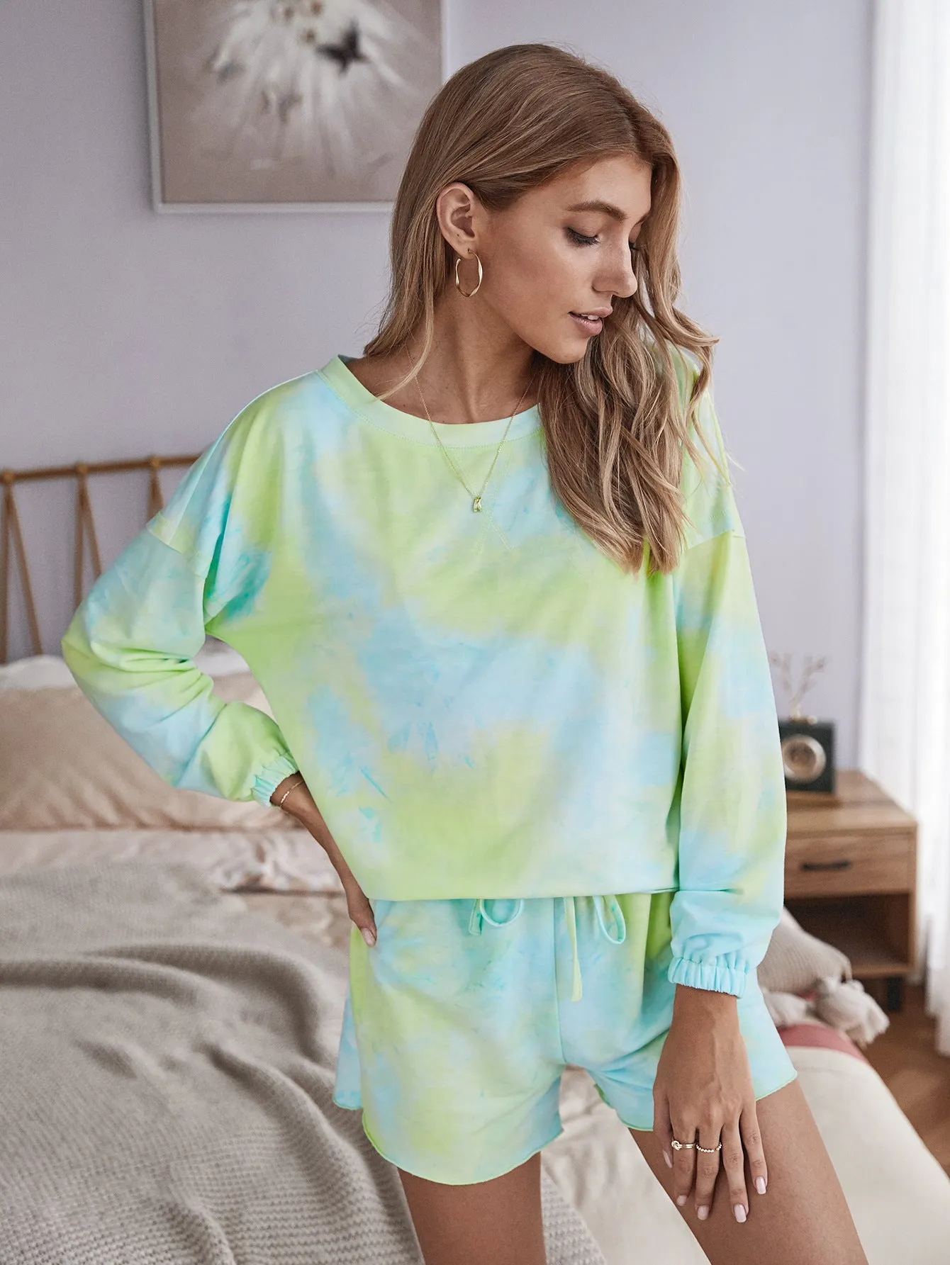 Tie Dye Loungewear Lace-up Casual Two-piece Set