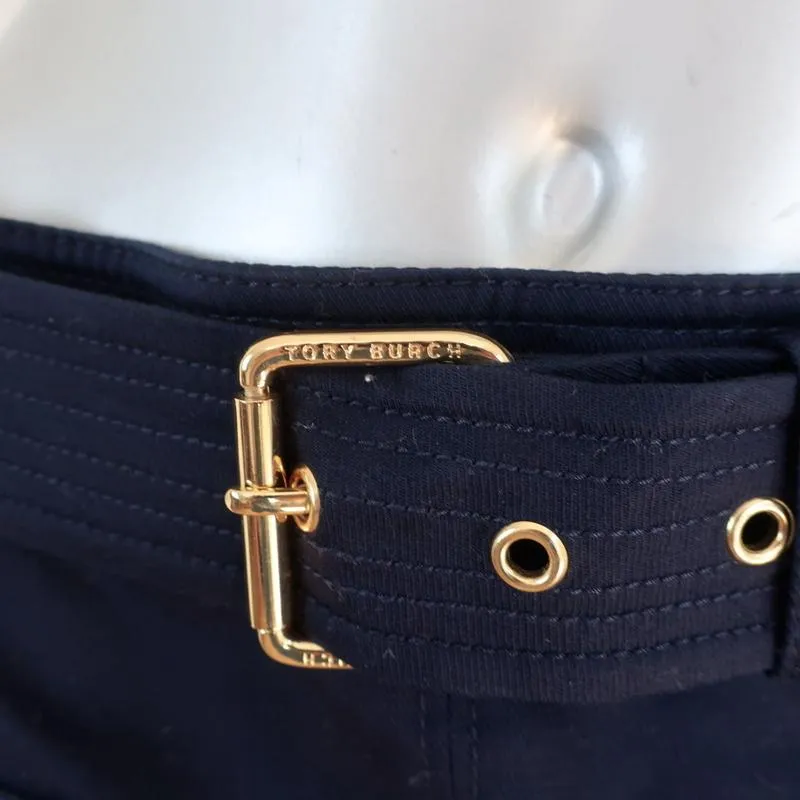 Tory Burch Belted Skirt Dacey Navy Ruffled Stretch Cotton Size 6 NEW