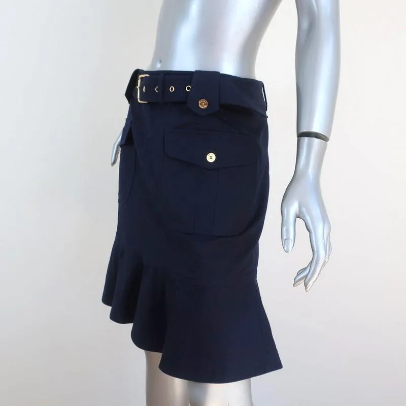 Tory Burch Belted Skirt Dacey Navy Ruffled Stretch Cotton Size 6 NEW