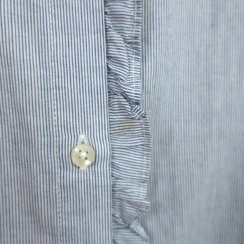 Trovata Birds of Paradis Helena Ruffle-Trim Shirt Blue Pinstripe Size Large