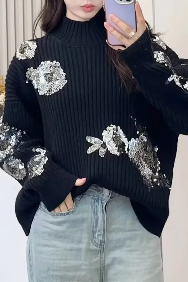 Turtleneck Loose-fitting Sequined Floral Pattern Long Sleeve Knitted Sweater