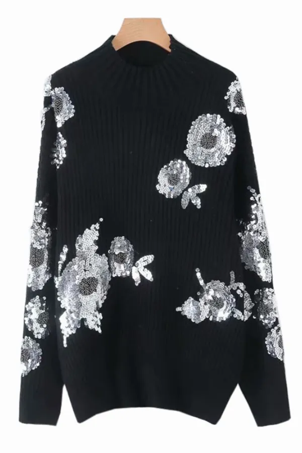 Turtleneck Loose-fitting Sequined Floral Pattern Long Sleeve Knitted Sweater