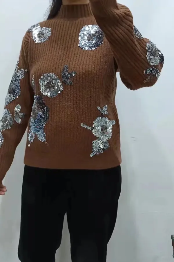 Turtleneck Loose-fitting Sequined Floral Pattern Long Sleeve Knitted Sweater